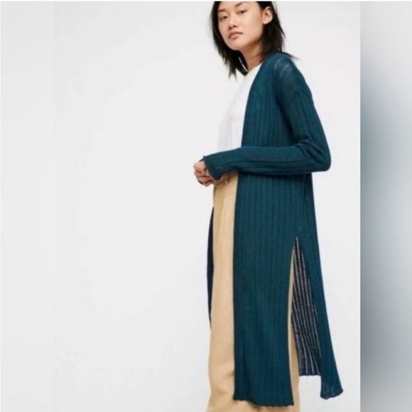 Free People "Ribby Rib Cardigan Duster" Navy Long Sweater | Size XS - Picture 1 of 6